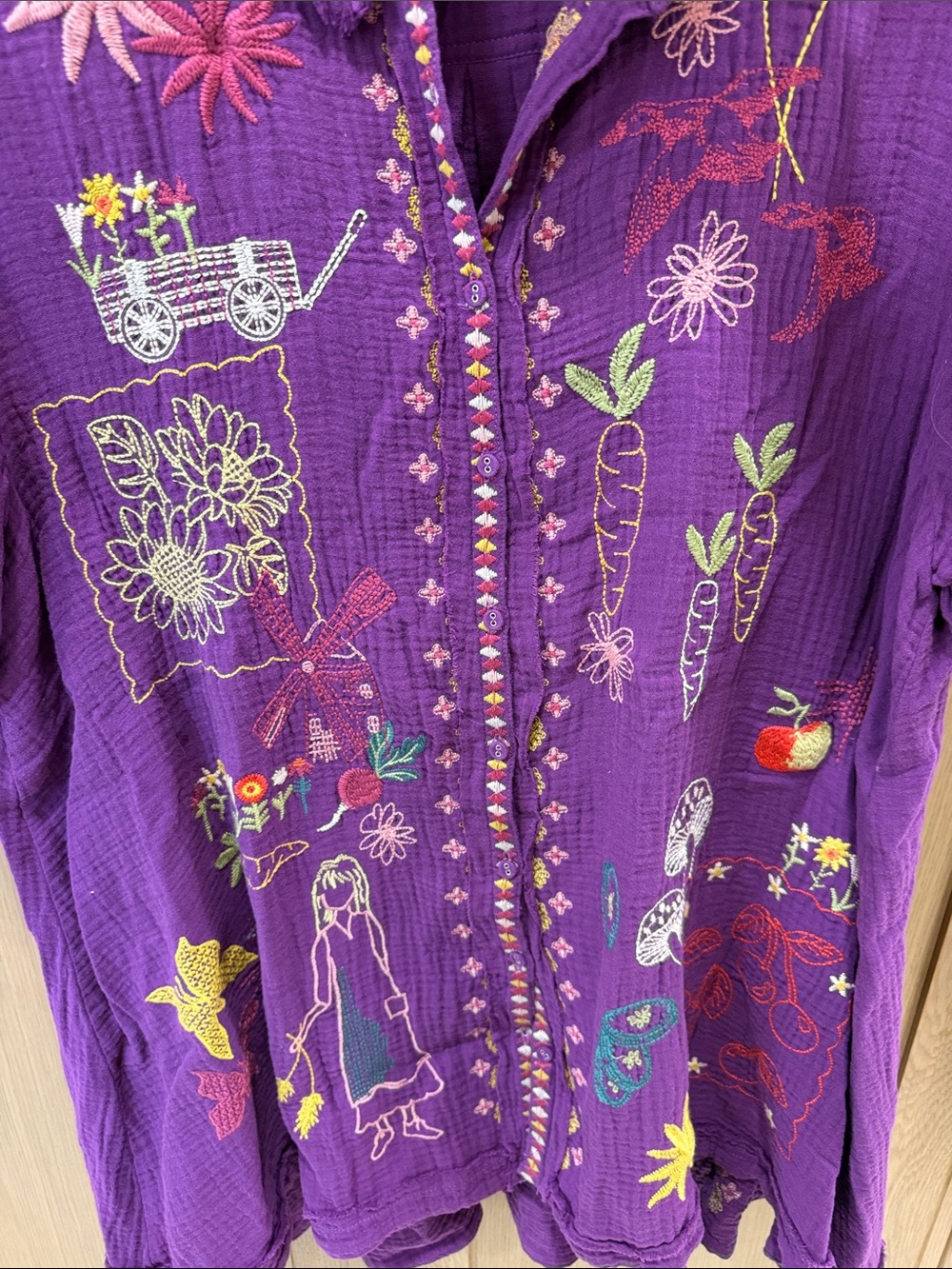 Johnny Was Purple Embroidered Short Sleeve Button-Down Shirt - Picture 3 of 5